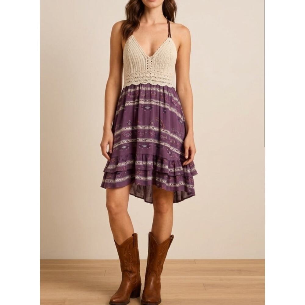 NWT Boot Barn Shyanne Crochet Boho Dress Purple Southwestern Aztec Festival S
